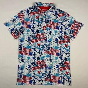Pins & Aces Mens Golf Polo Shirt Sz Small USA Flag Splatter AOP Stretch B5